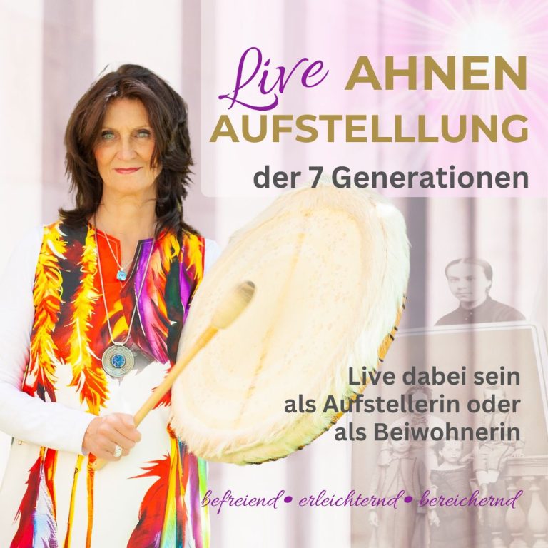 Bianka Maria Seidl mit Trommel bei der Ahnenaufstellung – im Hintergrund alte Fotos als Symbol für 7 Generationen und spirituelle Verbindung zur Herkunft