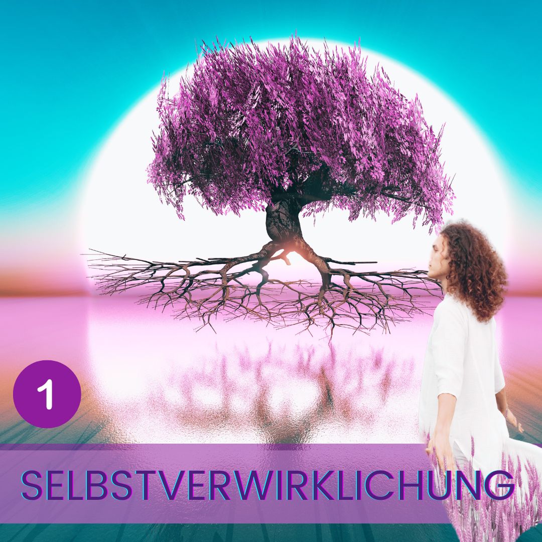 Frau in weißer Kleidung blickt auf einen Baum mit violetter Krone und weit verzweigten Wurzeln, der in einem leuchtenden, magisch wirkenden Licht steht – Symbol für Selbstverwirklichung, Erdung und spirituelles Wachstum.