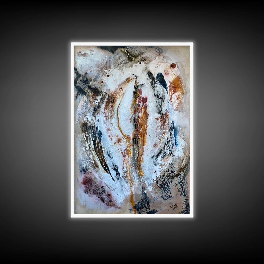 Abstraktes Gemälde Im Kern des Übergangs: Kraftvolle Kunst der inneren Transformation mit Wirbeln in Braun, Weiß & Blau von LishareArt