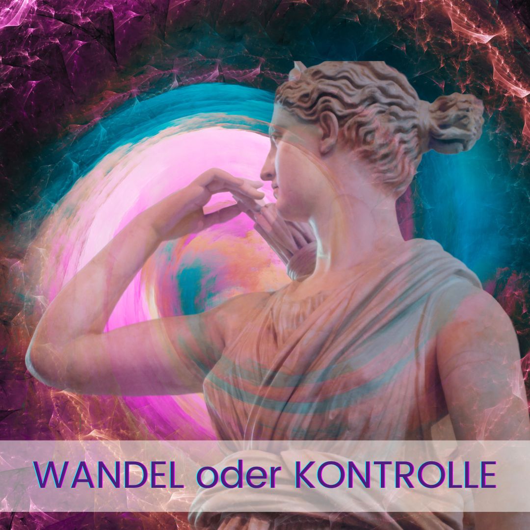 Klassische weibliche Statue mit Blick nach innen vor einem farbintensiven, wirbelnden Hintergrund – symbolisch für Bewusstseinswandel und Selbstverantwortung