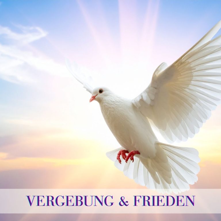 Weiße Friedenstaube fliegt in einem strahlenden, goldenen Sonnenaufgang oder Sonnenuntergang. Unten liegt ein violettes Banner mit den Worten "VERGEBUNG & FRIEDEN". Das Bild symbolisiert die Befreiung durch Vergebung und den inneren Frieden, der durch die Aussöhnung mit der Herkunft erreicht wird.