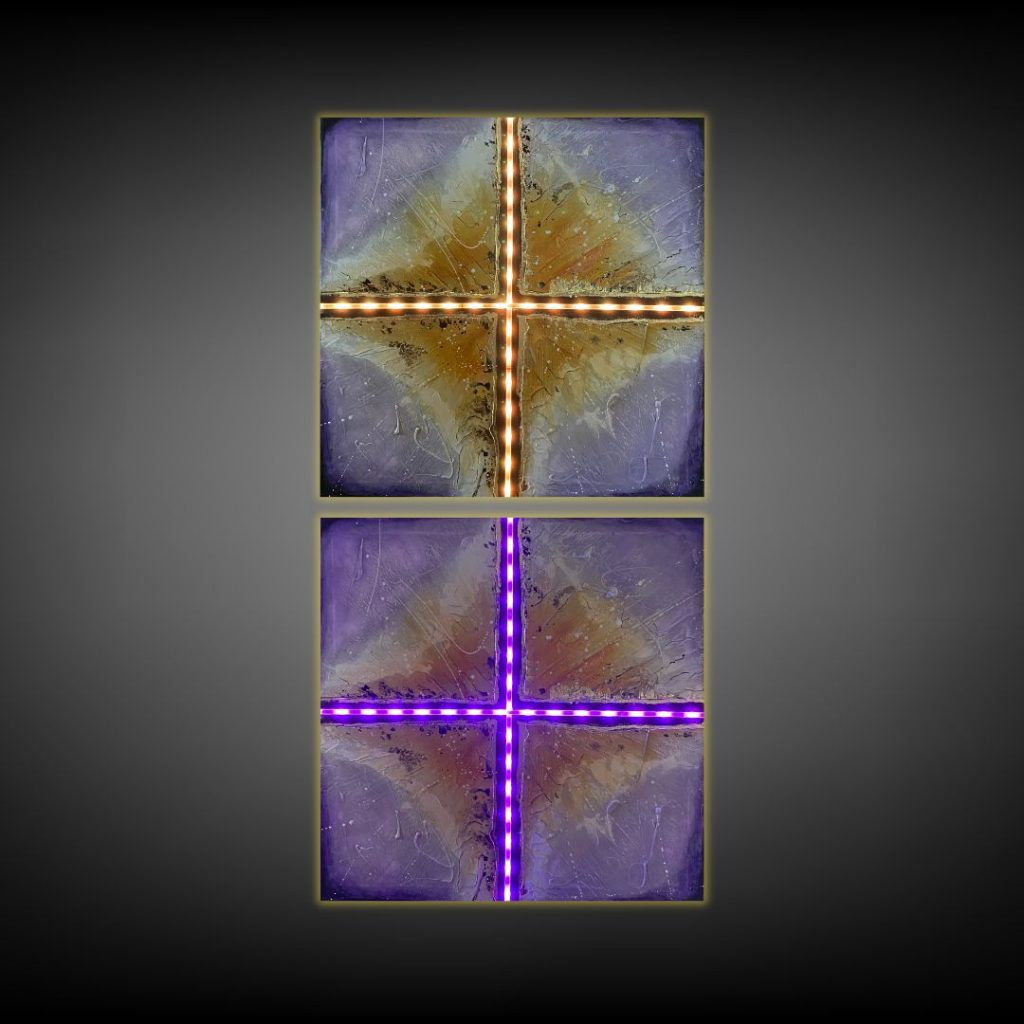 Lichtbild mit Kreuzstruktur und integrierter Lichtachse – Darstellung der Vereinigung von Licht, Materie und Bewusstsein.